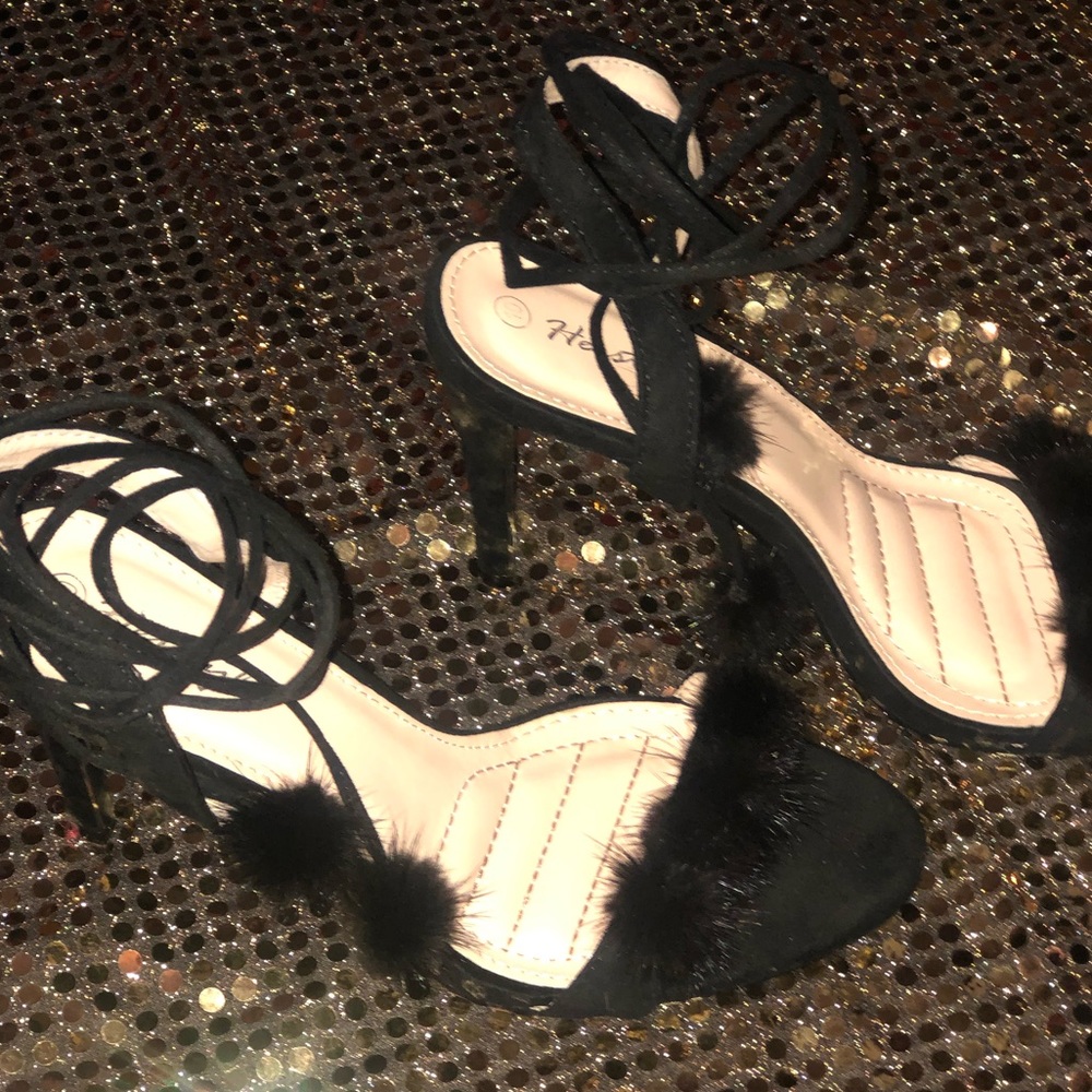 Women’s  Black Faux Fur & Suede Lace-Up Sandal - Picture 3 of 8